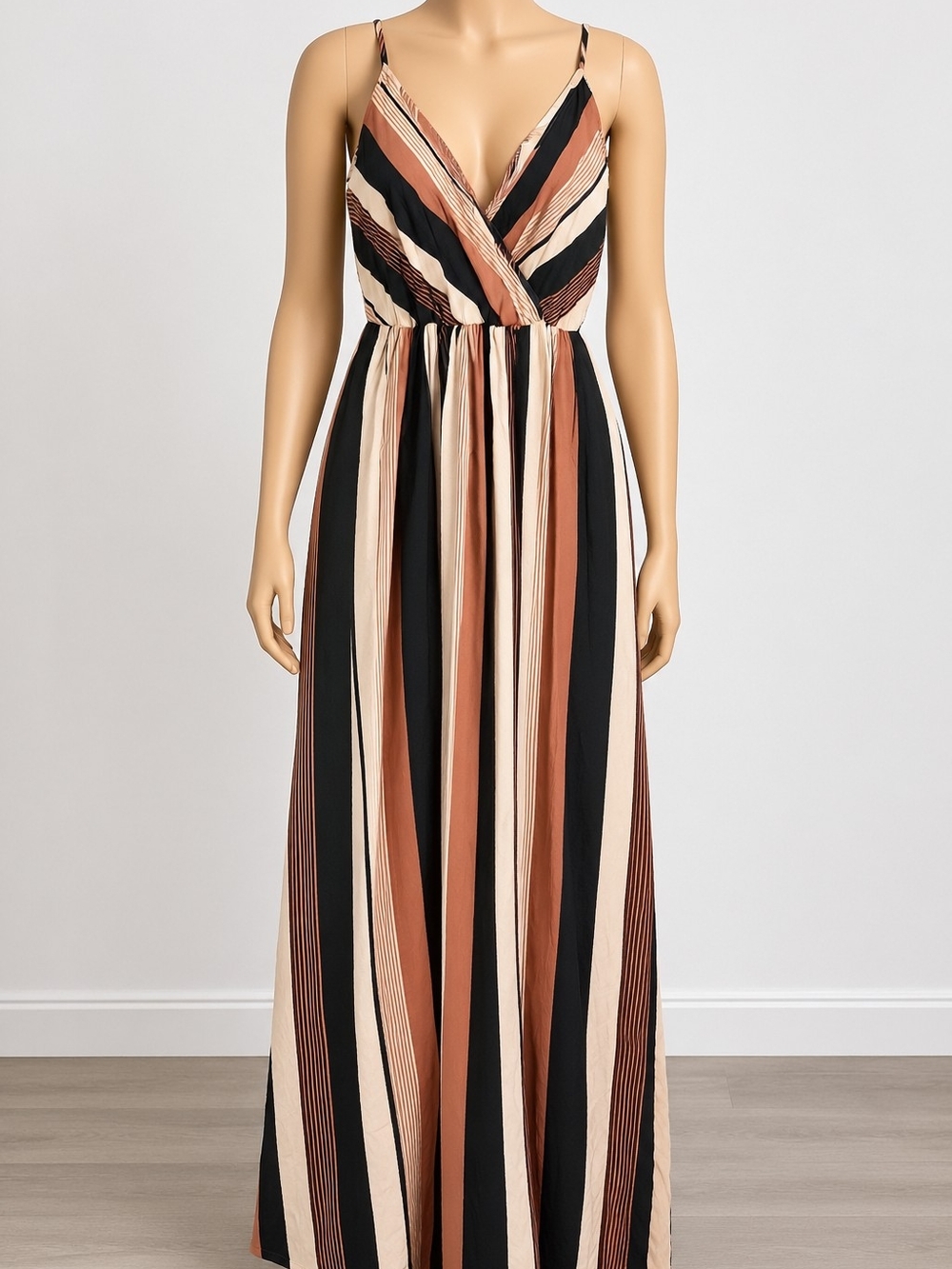 Striped V-Neck Maxi Dress in Black, Cream & Brown